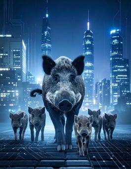 子年フォト・未来都市を生きるイノシシの写真