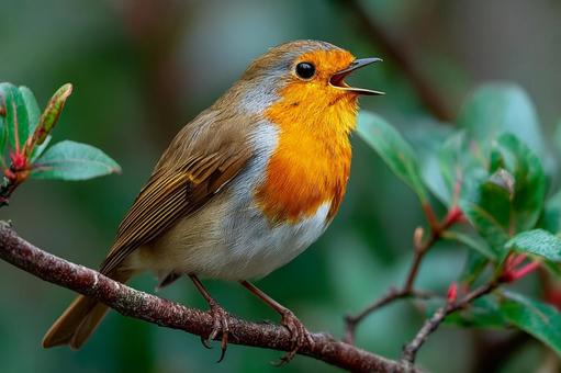 Beautiful singing voice: A robin singing on a branch, comodri, bird, birdie, JPG