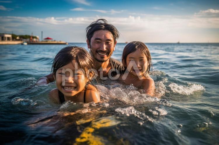 海水浴を楽しむ親子 人物,男性,赤ちゃんの写真素材