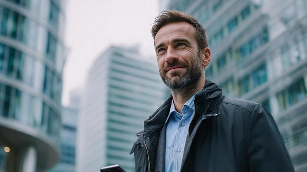 都会のビジネスマン：スマートフォンを手にの写真