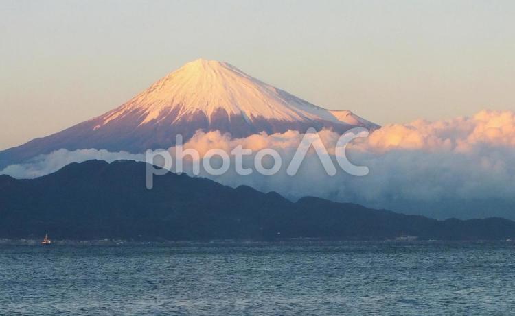 雲に当たる日差しが少なくなる夕方の富士山 富士山,雲,たなびくの写真素材