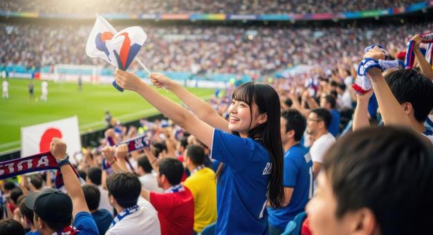 スタジアムで歓喜する女性サポーター スタジアムで歓喜する女性サポーターの写真