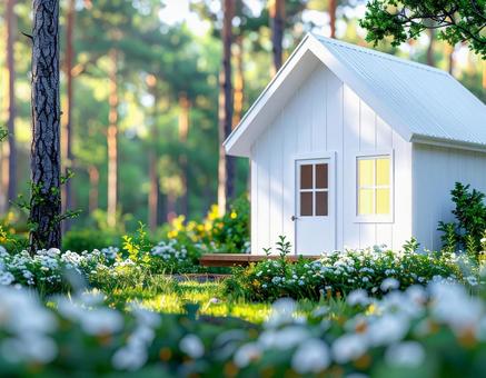 森の中の白い小屋 森の中の白い小屋の写真