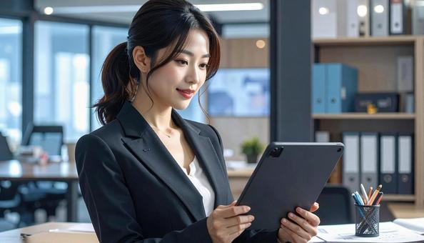 紙資料をデータ化するビジネスウーマンの写真