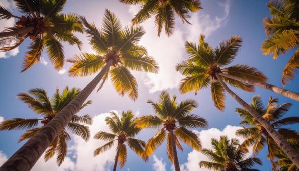ヤシの木を見上げる 青空背景 ヤシの木を見上げる 青空背景の写真