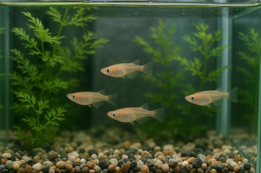 水槽で泳ぐメダカたち 水槽で泳ぐメダカたちの写真