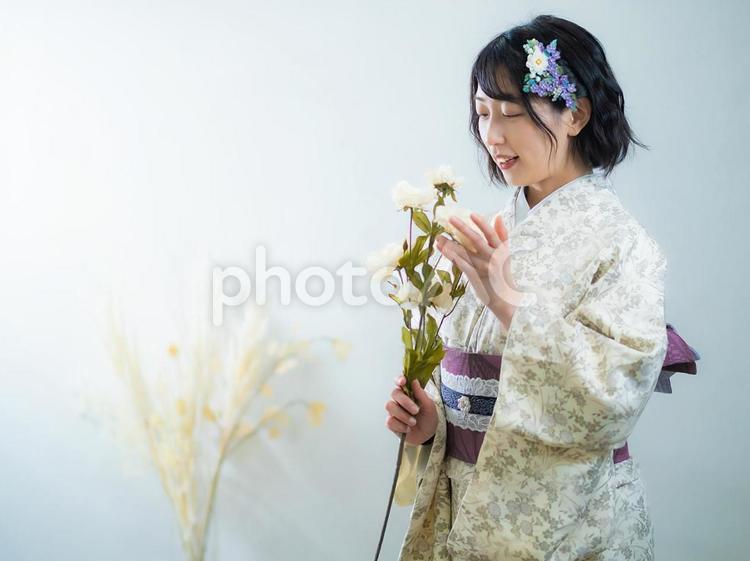 10：洋風な花柄小紋（着物）を着る女性 女性,日本人,着物の写真素材