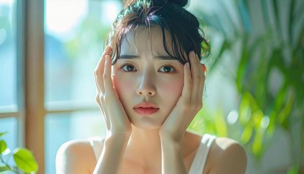 肌の悩みを抱える若い女性の写真