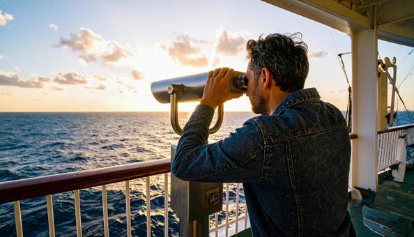 双眼鏡で海の先を見ている男性 双眼鏡で海の先を見ている男性の写真