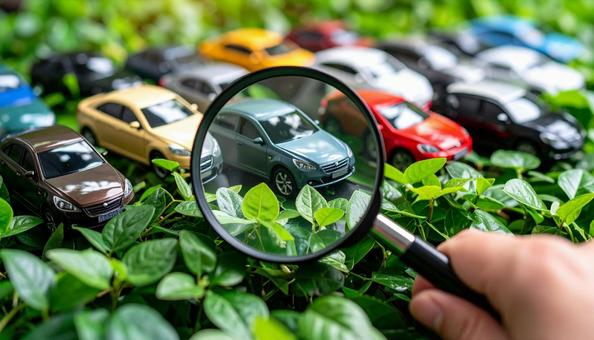 車を探す おもちゃの車を虫眼鏡で見る 車を探す おもちゃの車を虫眼鏡で見るの写真
