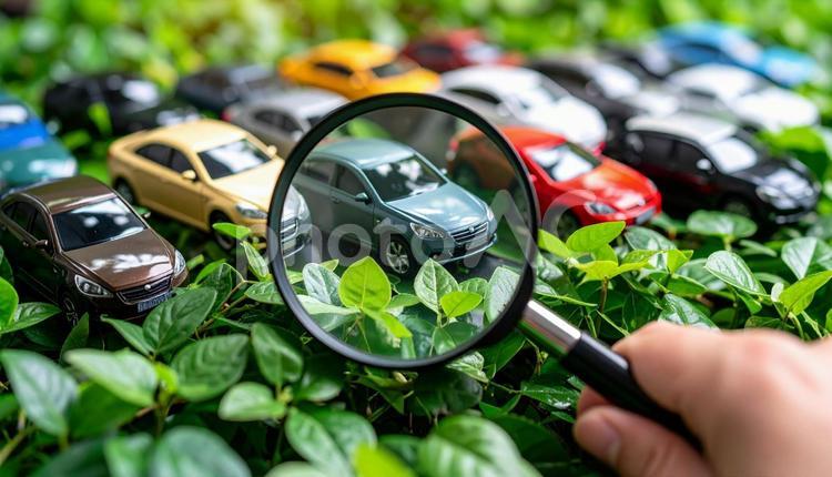 車を探す　おもちゃの車を虫眼鏡で見る 車,選ぶ,セレクトの写真素材