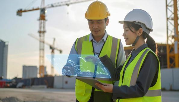ホログラムのデータを見て議論する建築現場 ホログラムのデータを見て議論する建築現場の写真