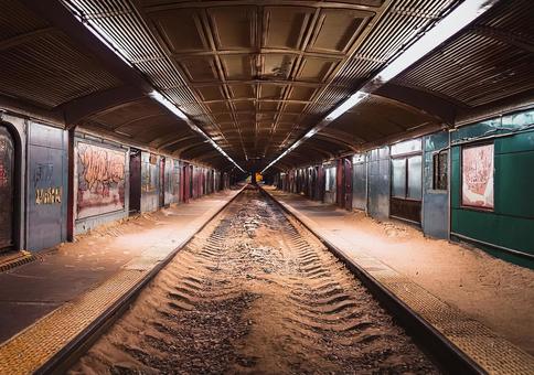 グラフィティ残る地下鉄廃墟の通路の写真