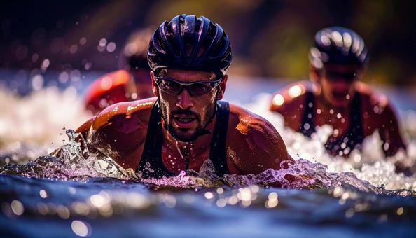 トライアスロン　一斉に水に飛び込む選手の写真