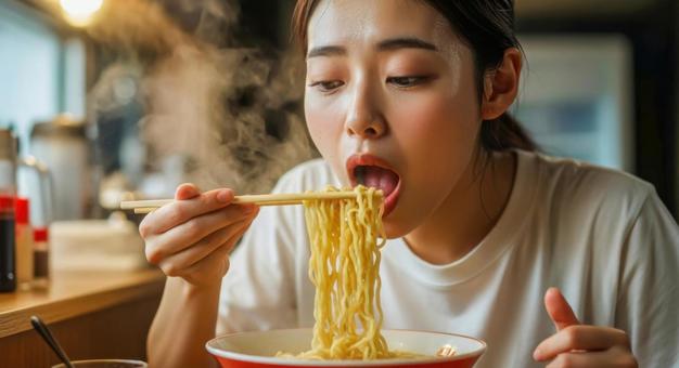 熱々ラーメンを食べる女性の飲食シーン 熱々ラーメンを食べる女性の飲食シーンの写真