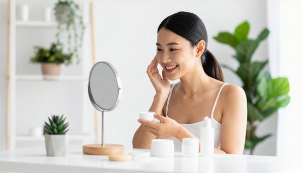 明るい部屋でスキンケアクリームを塗る女性 明るい部屋でスキンケアクリームを塗る女性の写真