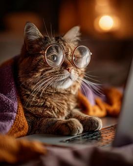 メガネをかけた賢そうな猫 メガネをかけた賢そうな猫の写真