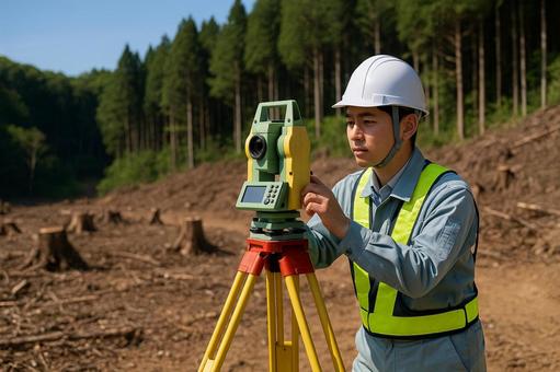 森林伐採地で測量作業をする男性 森林伐採地で測量作業をする男性の写真
