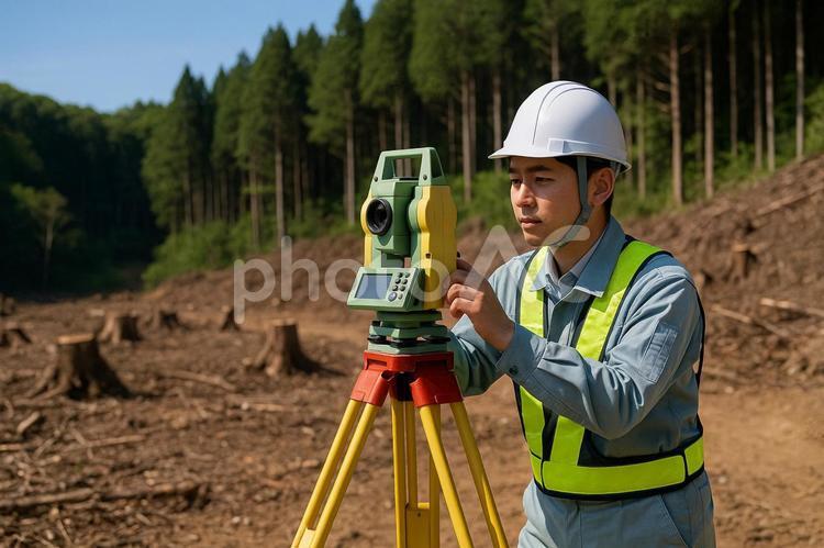森林伐採地で測量作業をする男性 測量,森林,男性の写真素材