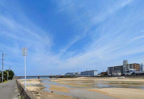 Photo, aosha river, imabari city, blue sky, 