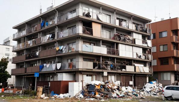 雑然とした古い集合住宅 雑然とした古い集合住宅の写真