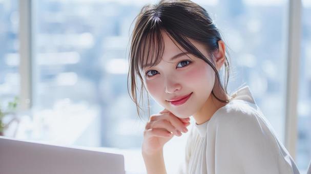 ノートパソコンを使用する女性会社員の写真