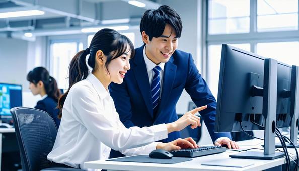 パソコンを見ながら打ち合わせをする社員 パソコンを見ながら打ち合わせをする社員の写真