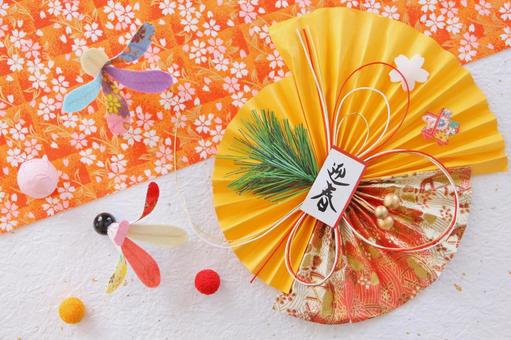 迎春飾り 迎春飾り 年賀状,迎春飾り,扇の写真素材