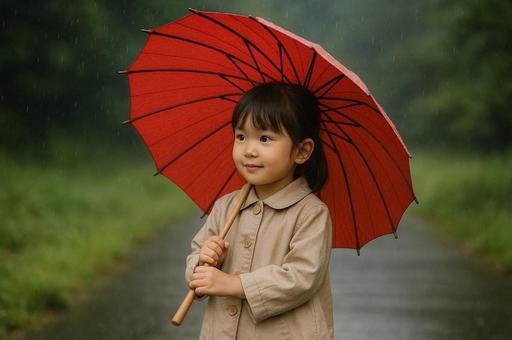赤い傘を差した女の子 赤い傘を差した女の子の写真