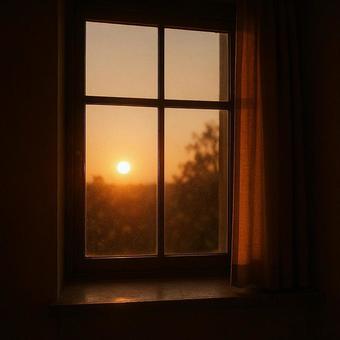 窓辺に差し込む夕陽の写真