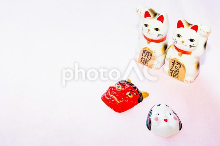 招き猫と鬼とおかめ 鬼,おかめ,春の写真素材