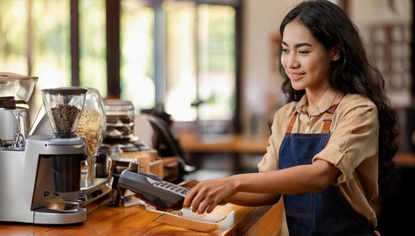 Clerk processing orders at a cafe's POS terminal, cafe, payment, pos cash register, JPG