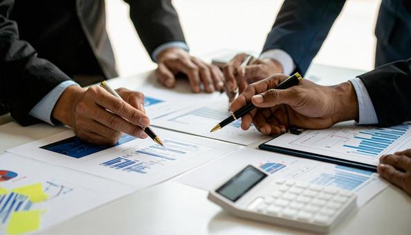 企画会議　グラフが書かれた書類と電卓の写真