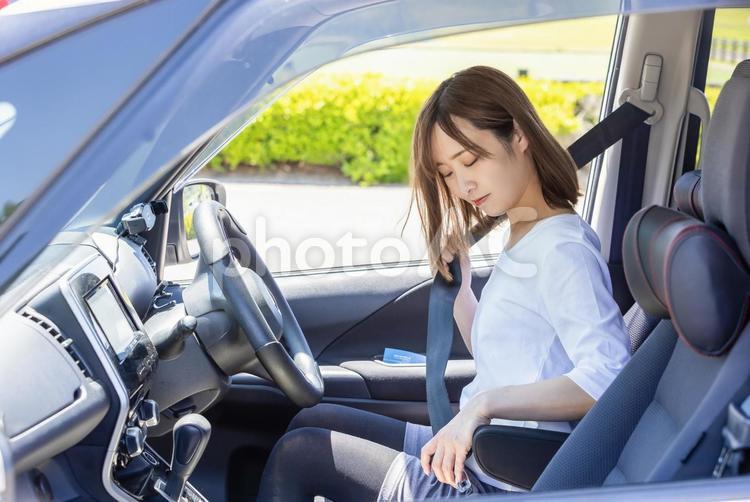 シートベルトを着用する仕草 自動車,運転,ハンドルの写真素材