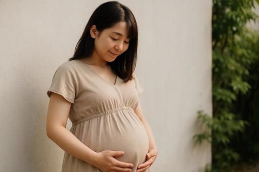 お腹に手を当てる妊婦の写真