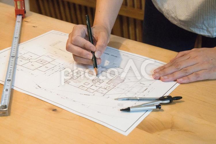新築注文住宅の間取図を作成中 設計図,間取り図,計画の写真素材