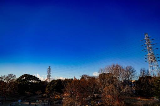 岸根公園の夕方の空と鉄塔 岸根公園の夕方の空と鉄塔 鉄塔,電線,公園の写真素材