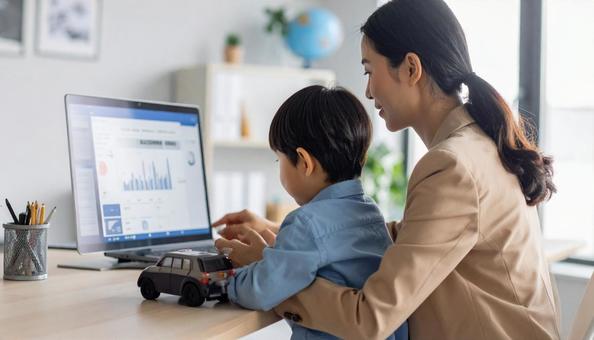 A mother working remotely and looking at a computer with her child, screen, female, family, JPG