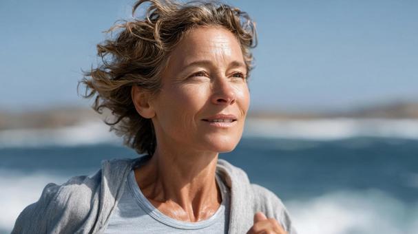 海沿いの場所でランニングするシニア女性の写真