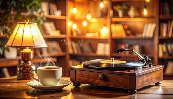 アンティークテーブル・コーヒーとレコード アンティークテーブル・コーヒーとレコードの写真
