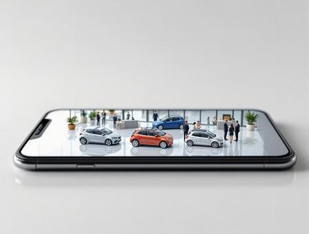 スマホ上のミニチュア自動車ディーラー スマホ上のミニチュア自動車ディーラーの写真