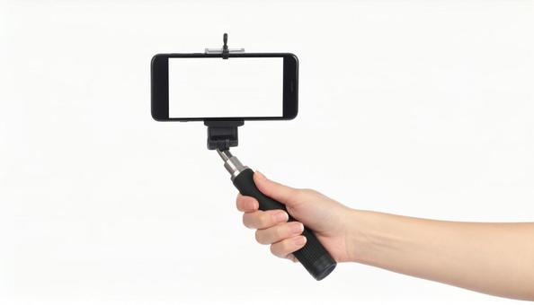 スマートフォンと自撮り棒を持つ手 スマートフォンと自撮り棒を持つ手の写真