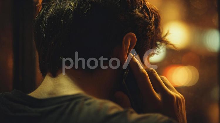 誰かと話す夜のひととき 男性,後ろ姿,電話の写真素材