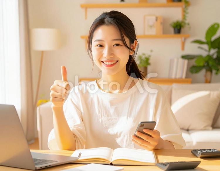 家計がうまくいきスマホ片手に微笑む女性 パソコン,家計簿,節約の写真素材