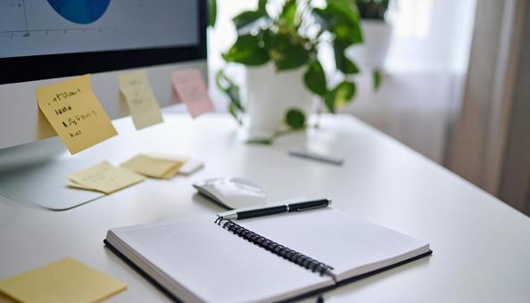 付箋がついたノートとパソコンデスクの写真