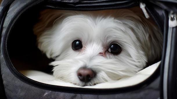 バッグでくつろぐ犬・マルチーズ・おでかけ バッグでくつろぐ犬・マルチーズ・おでかけの写真