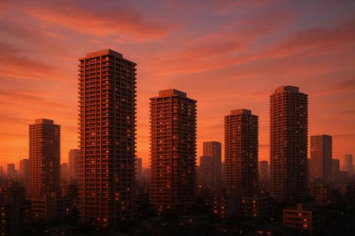 夕暮れに染まる高層マンション街 夕暮れに染まる高層マンション街の写真