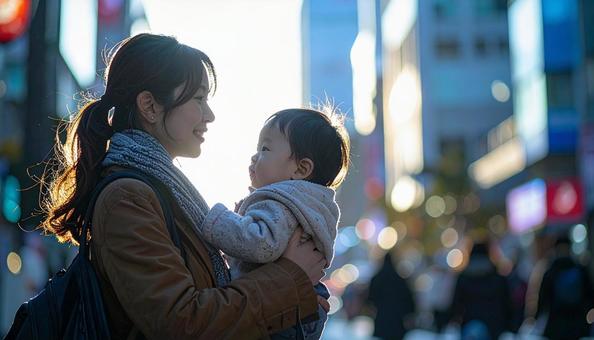 子供を抱っこして歩くシングルマザー 子供を抱っこして歩くシングルマザーの写真