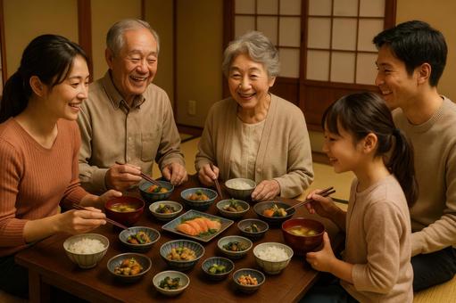 和食を囲む家族の風景 和食を囲む家族の風景の写真