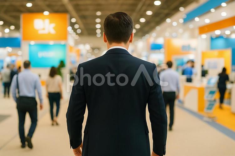 ビジネス空間で堂々と進むスーツ姿の男性 男性,後ろ姿,展示会の写真素材